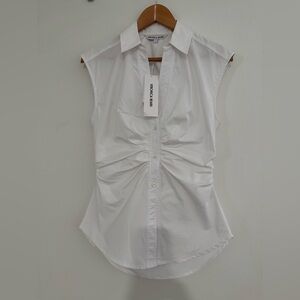Veronica Beard White Sleeveless Button-Front Ruched Blouse